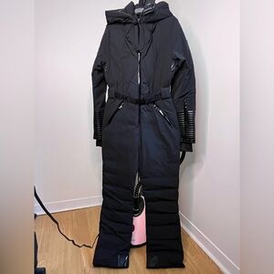 RUDSAK Black Insulated Ski Suit with Fox Fur Hood & Leather Inserts NWT